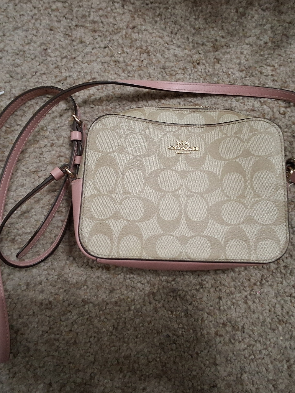 Coach Beige Signature Canvas Crossbody with Pink Trim